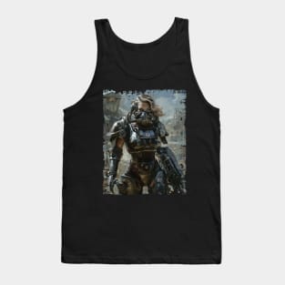 Woman in Power Armor Mask and Minigun Tank Top